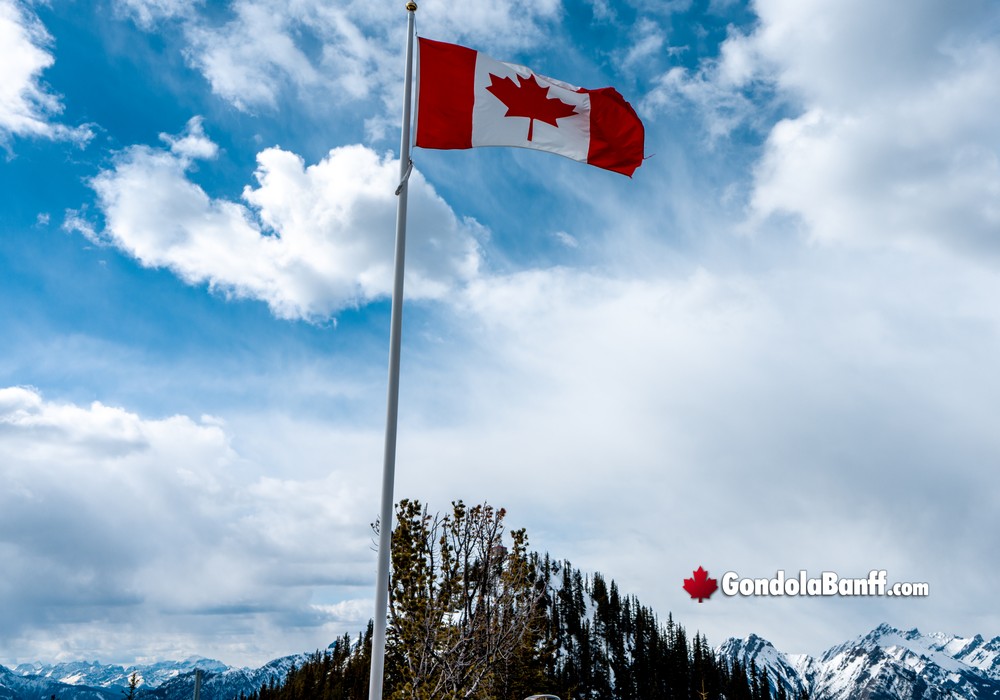 Canadian Flag Treeline Snowcapped Mountains