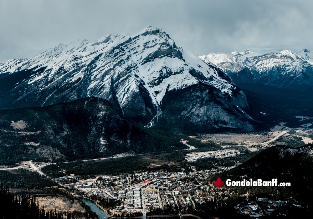 Snowy Cascade Mountain and Banff Town Aerial