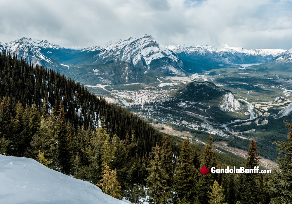 Visitor on Platform Viewing Banff Aerial and Cascade Mountain