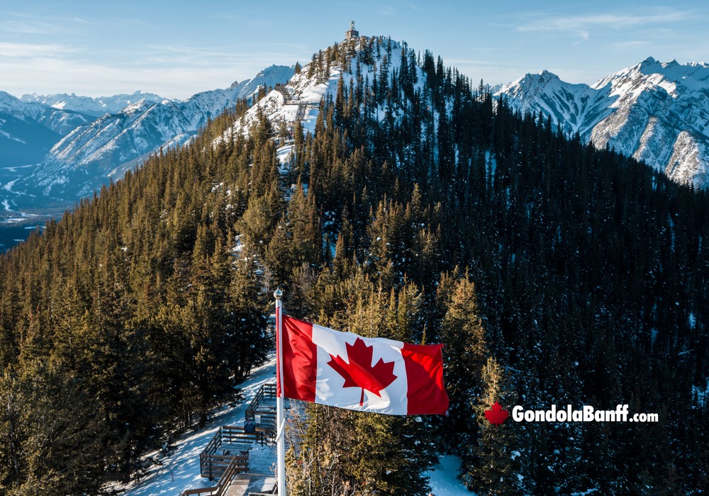 Banff Gondola Nightrise Sulphur Mountain Boardwalk with Canadian Flag