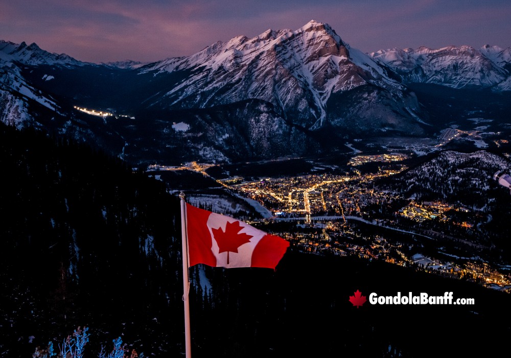 Banff Gondola Nightrise Townsite View with Canadian Flag